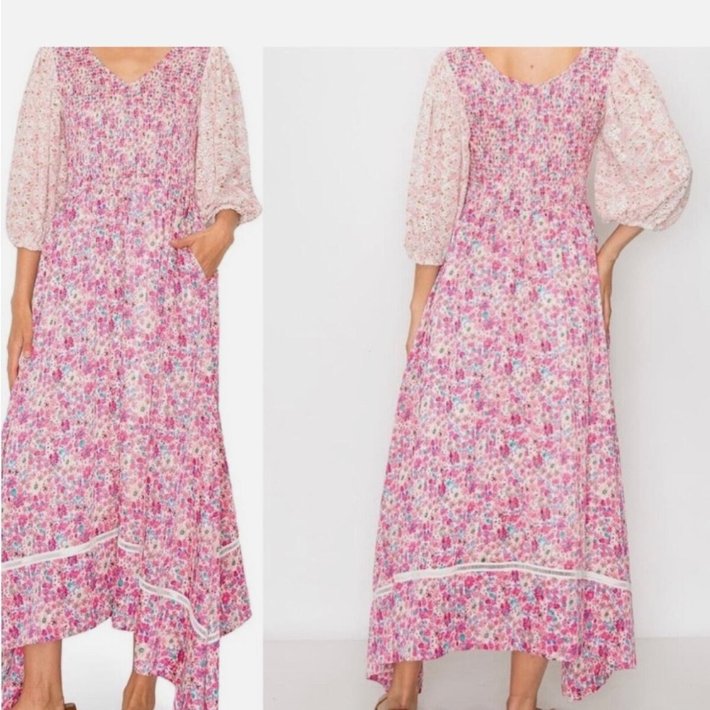 Melody’s Nordstrom Mixed Media Smocked Pink Floral Midi Dress